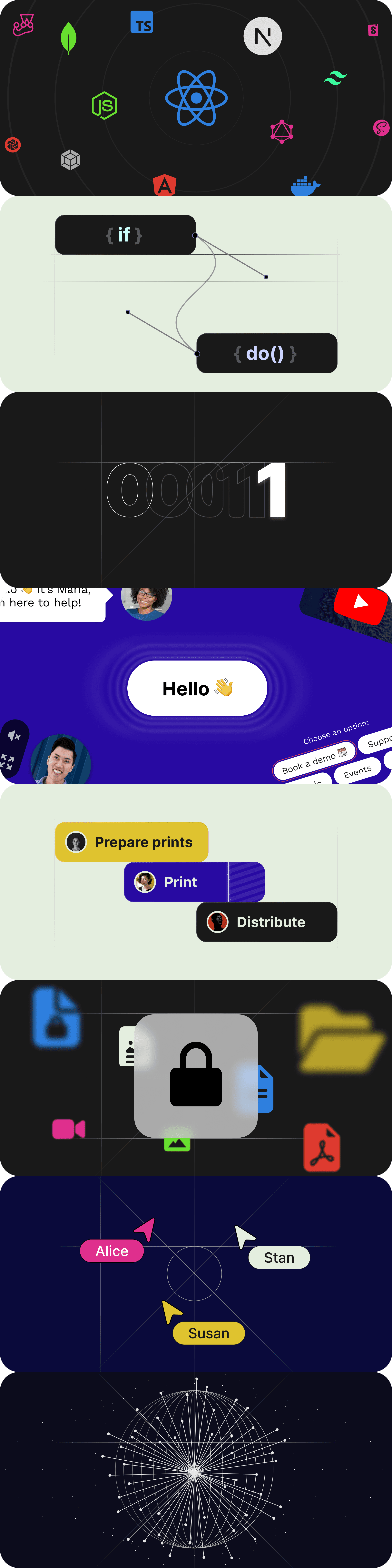 Illustration of flying logotypes of all modern front-end technologies
